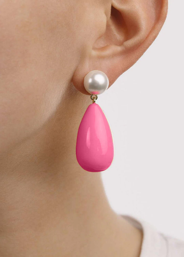 Pink & White Large Goldplated Drop Earrings w. Pearl