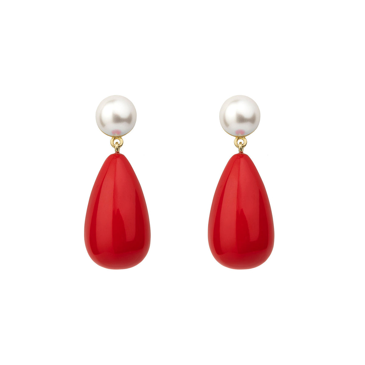 Red & White Large Goldplated Drop Earrings w. Pearl