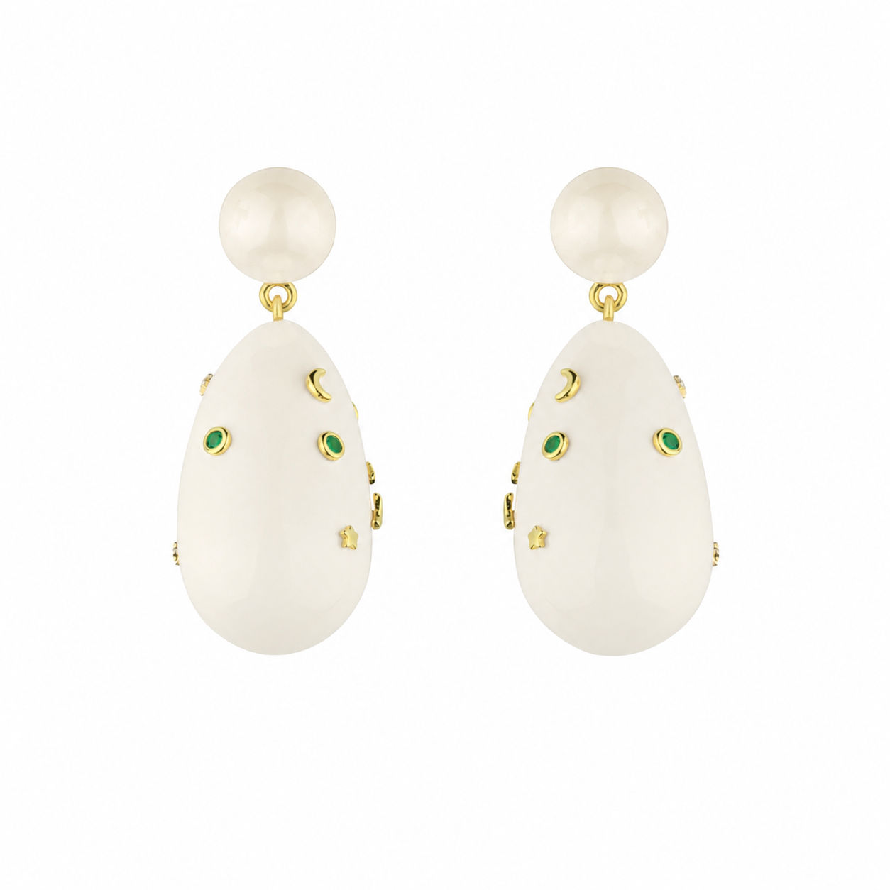 White & Green Large Goldplated Galaxy Drop Earrings w. Pearl
