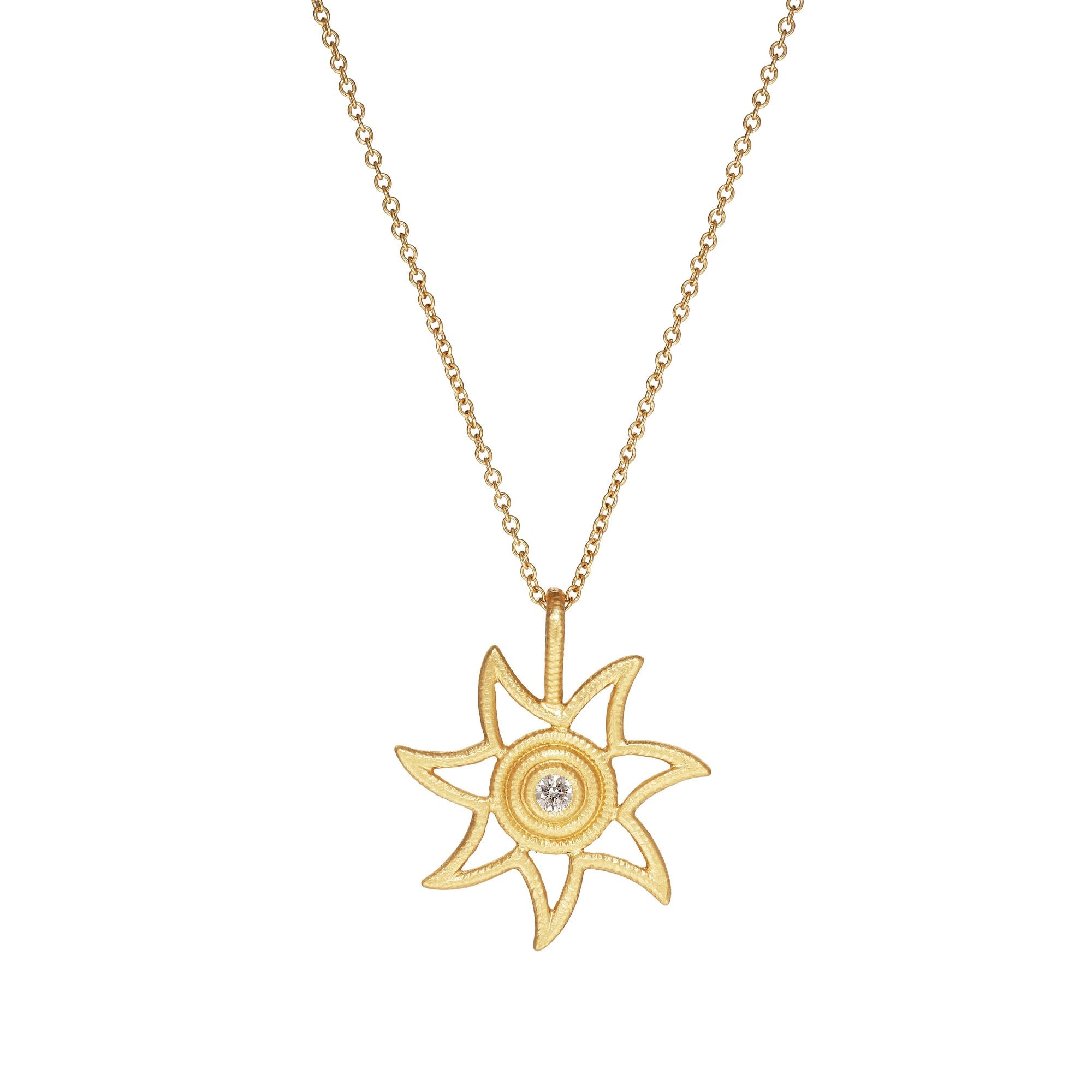Sun Large 18K Gold Pendant w. 0.011ct Diamond