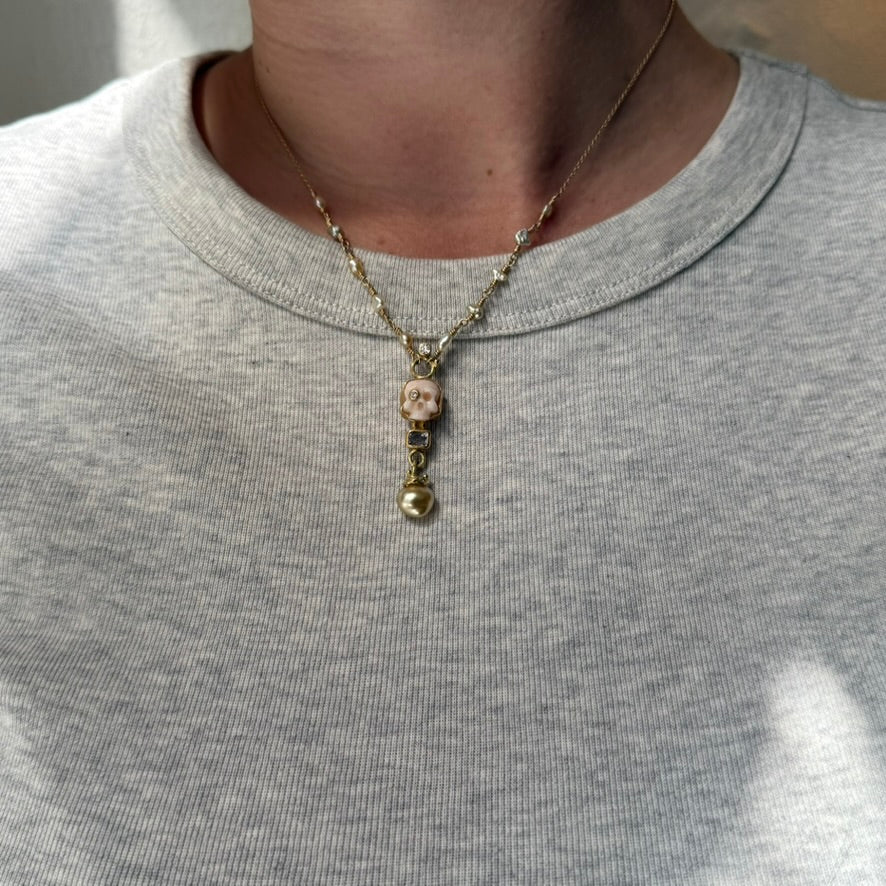 Memento Mori 18K & 22K Guld Halskæde m. Keshi Perle, Spinel & Diamant