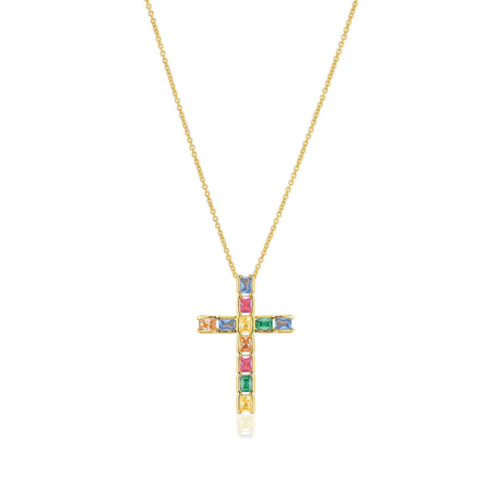 Roccanova Croce 18K Gold Plated Necklace w. Colored Zirconias