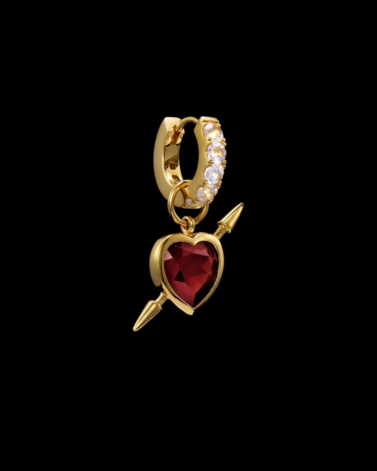 Rebel Love Gold Plated Earring w. Clear Quartz & Red Garnet