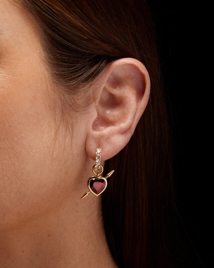 Rebel Love Gold Plated Earring w. Clear Quartz & Red Garnet