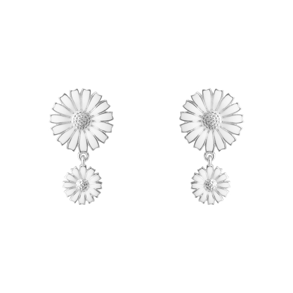Daisy Double Silver Earrings w. White Enamel