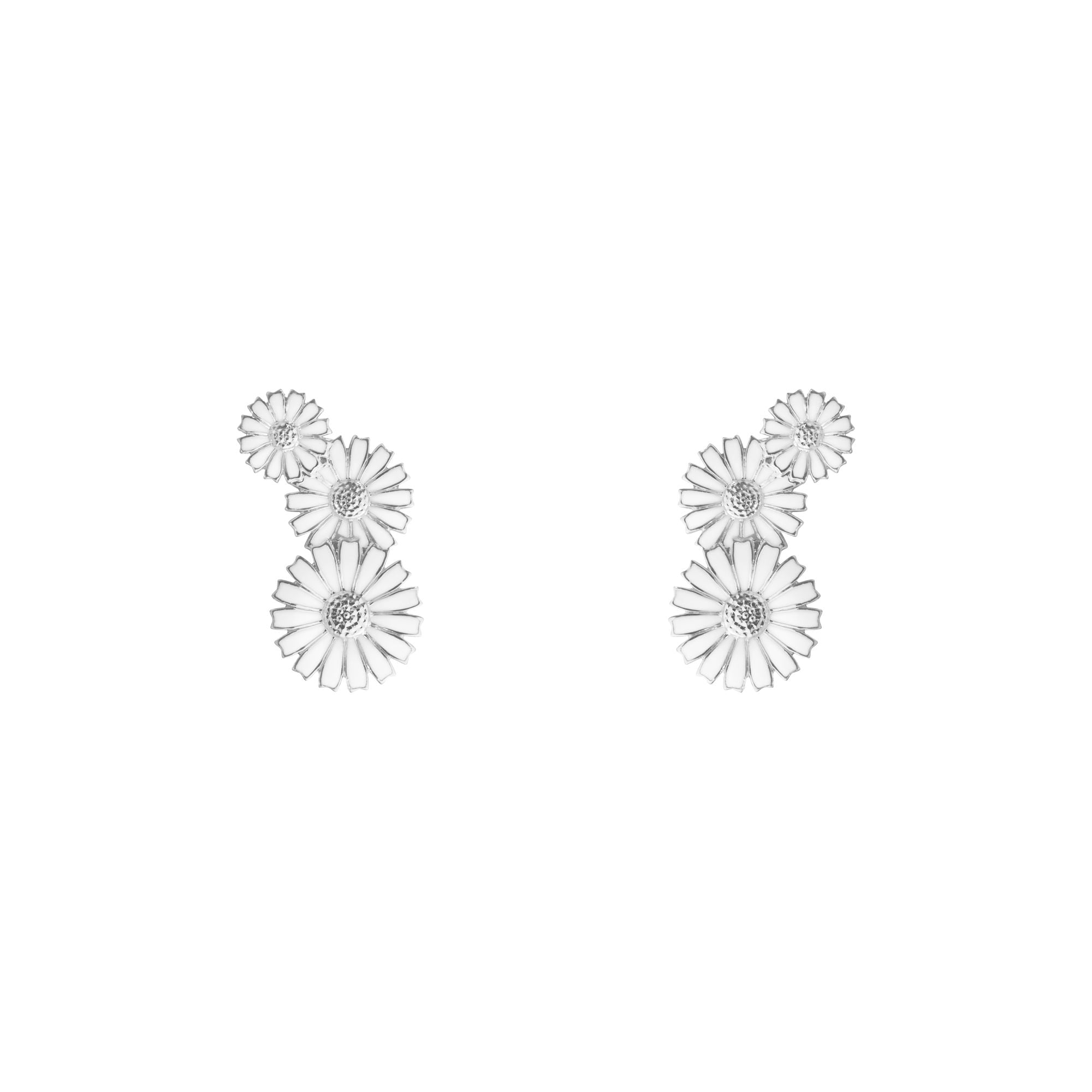 Daisy 3 Flower Layered Silver Earrings w. White Enamel