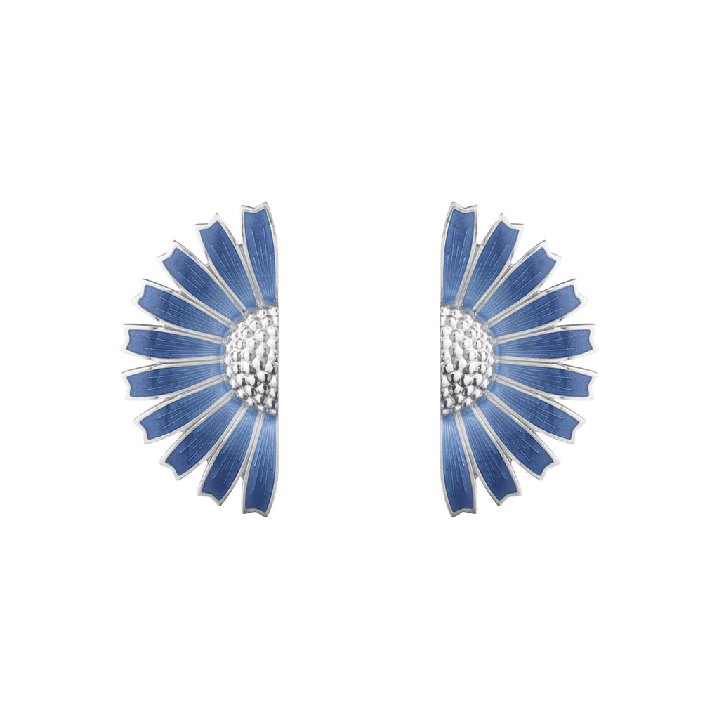 Daisy Half Flower Silver Earrings w. Blue Enamel