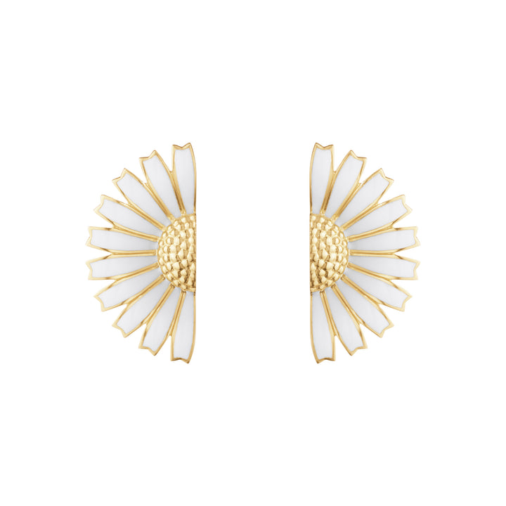 Daisy Half Flower Gold Plated Earrings w. White Enamel
