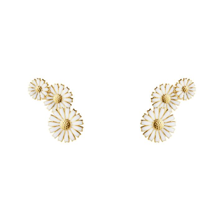 Daisy 3 Flower Layered Gold Plated Earrings w. White Enamel