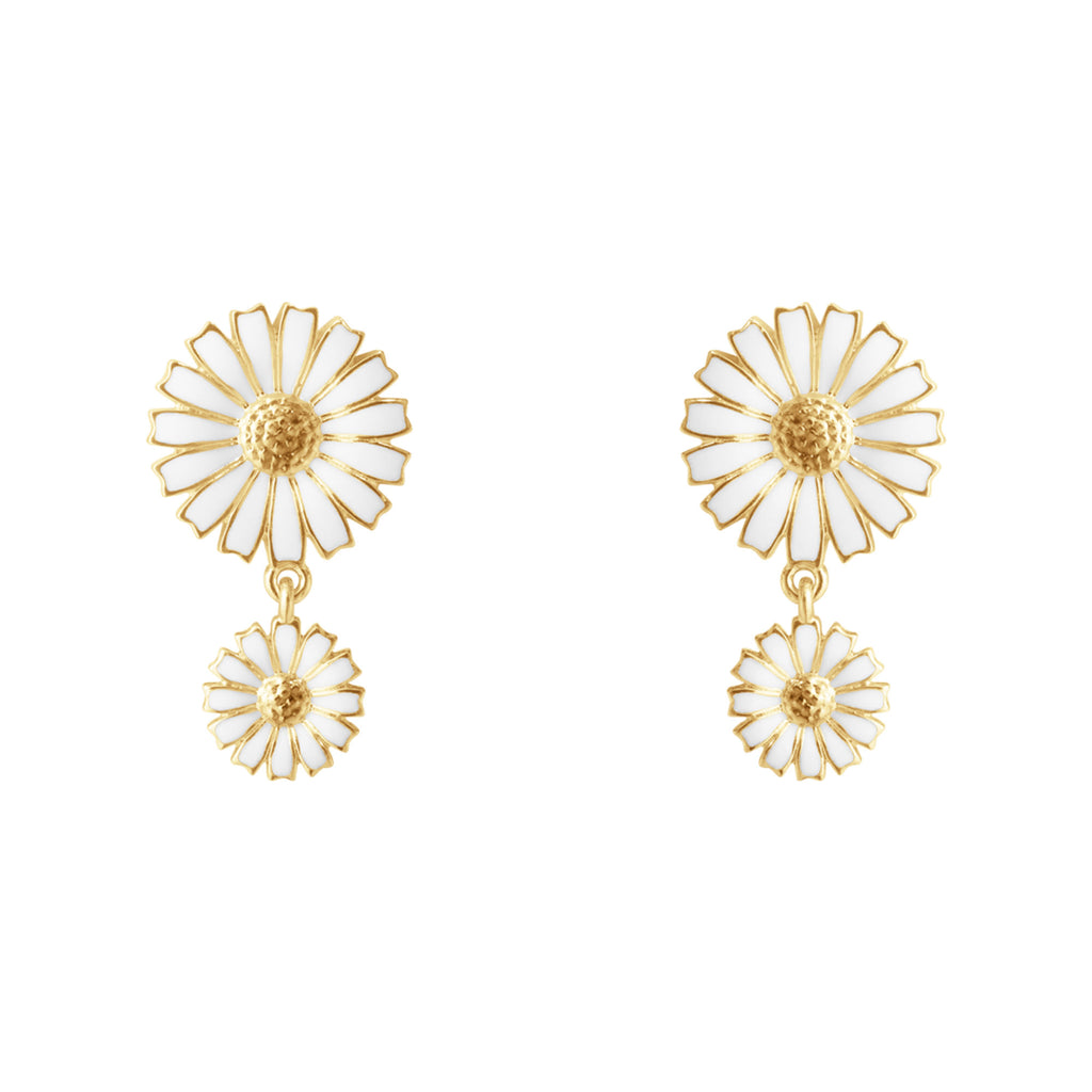Daisy Double Gold Plated Earrings w. White Enamel