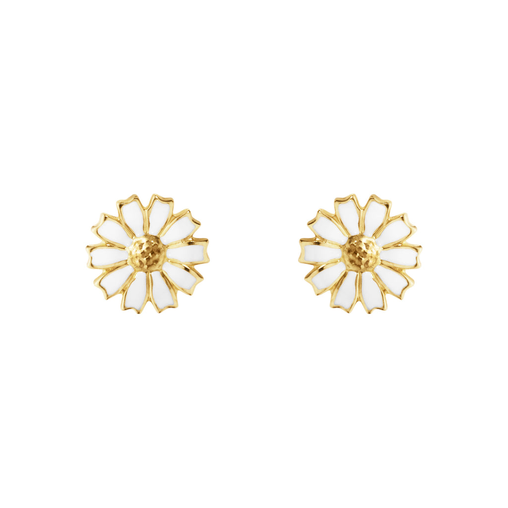 Daisy 7 mm Gold Plated Earrings w. White Enamel