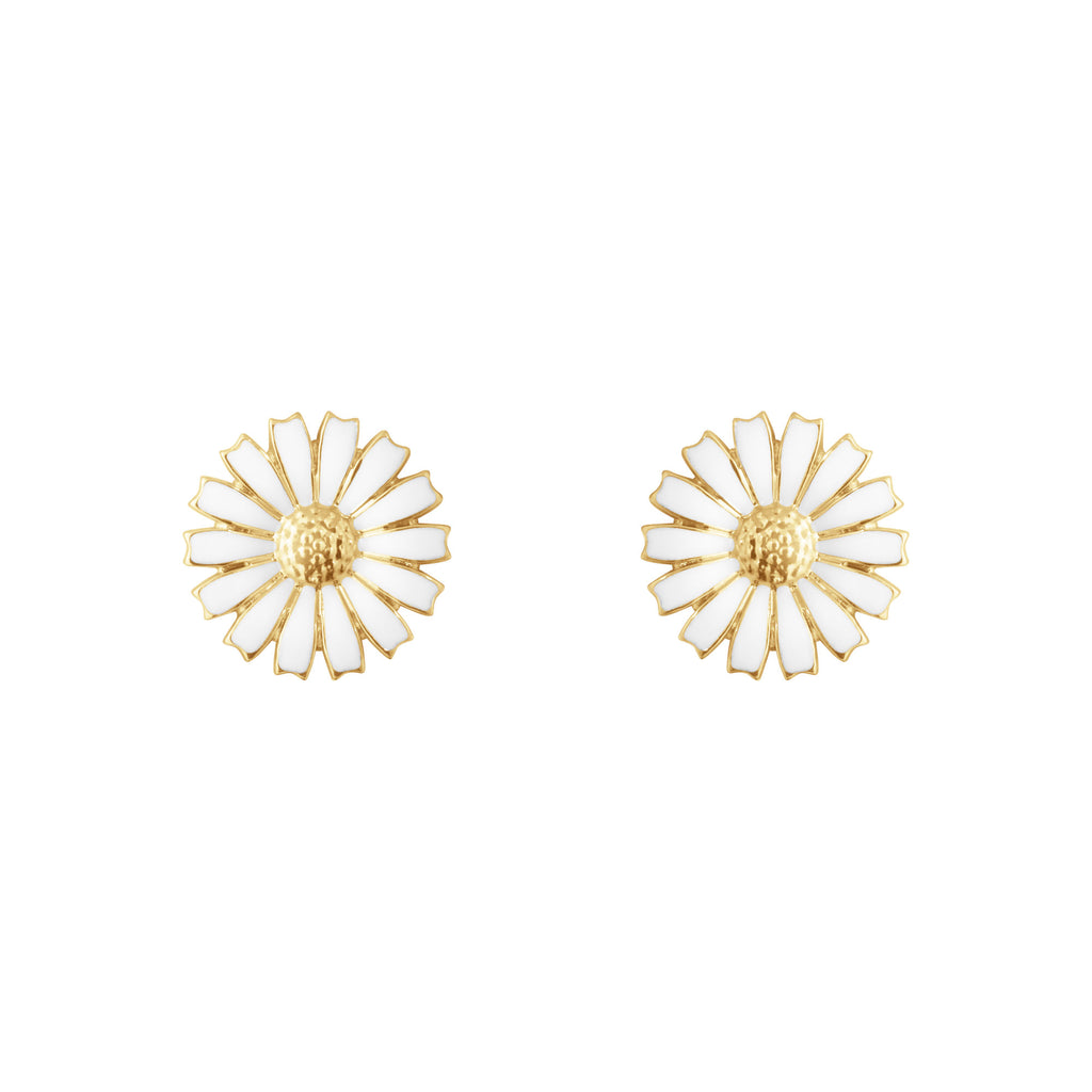 Daisy 11 mm Gold Plated Earrings w. White Enamel