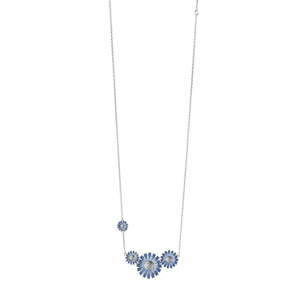 Daisy Four Flower Silver Necklace w. Blue Enamel