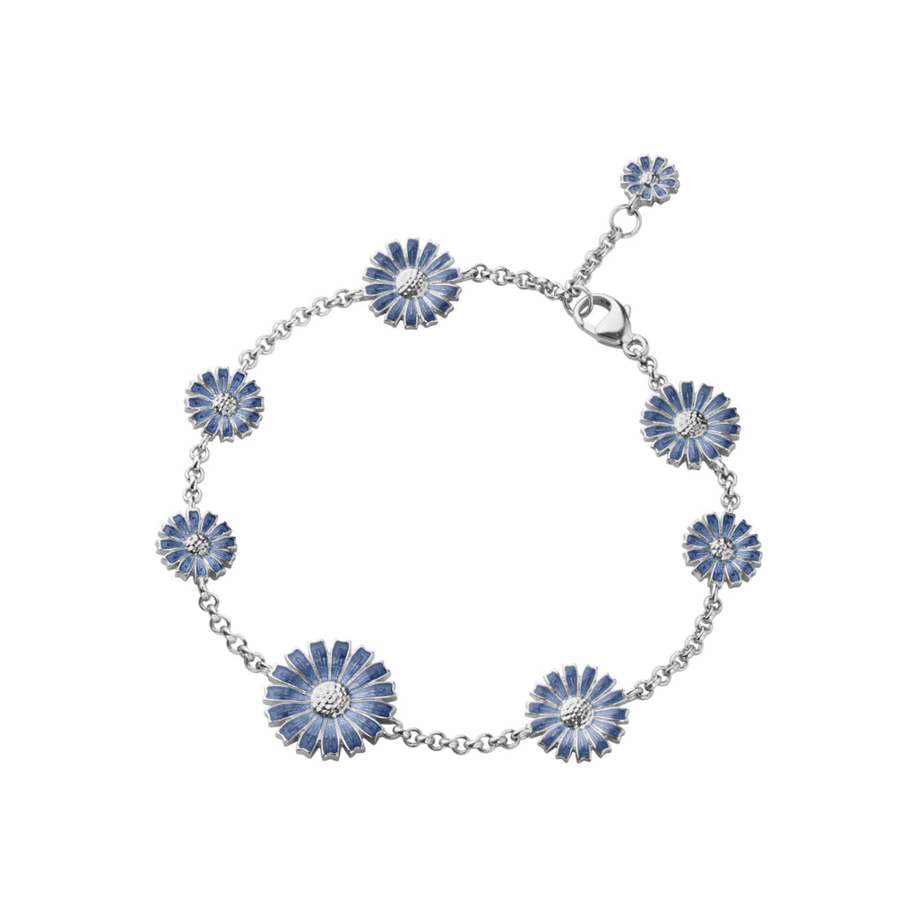 Gänseblümchen sieben Blumensilberarmband w. Blauer Emaille