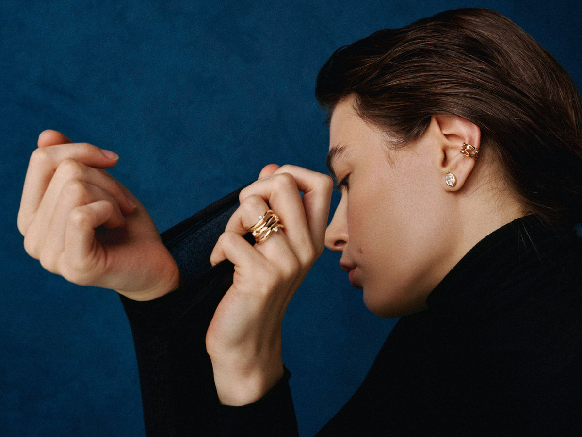 Bare Souls Four Threads 18K Gold Ear Cuff w. 0.06 ct Diamonds