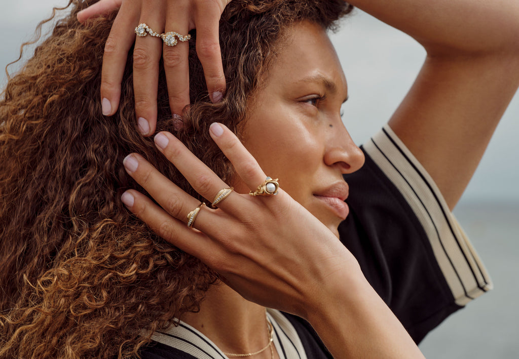 Young Fish 18K Gold Ring w. Aquamarine, Pearl & Diamonds