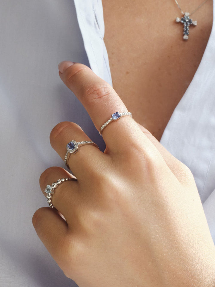 Bubble 18K White Gold Ring w. Diamonds & Light Blue Aquamarine