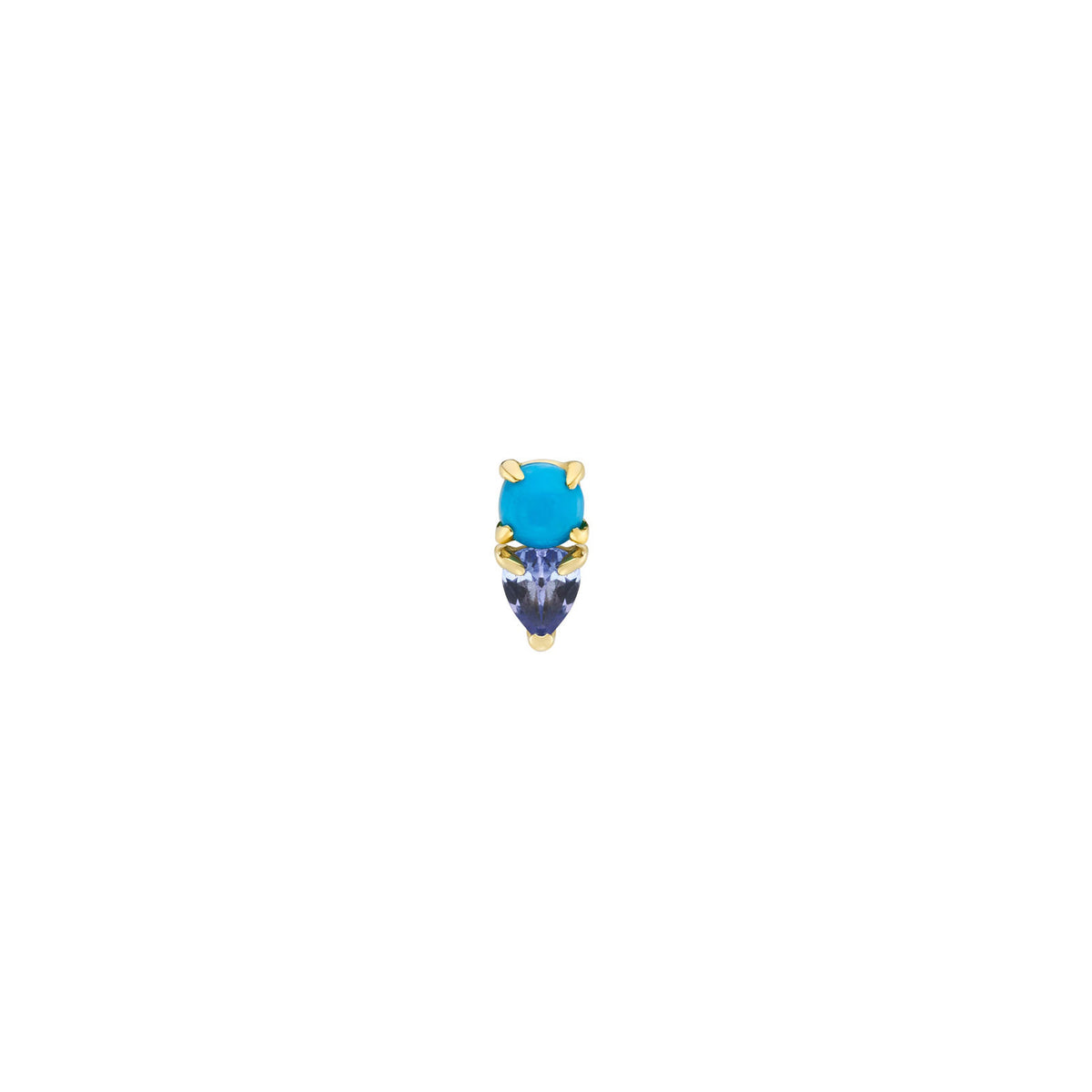 Duo Gemstone 9K Gold Earring,Stud w. Round Turquoise & Pear Tanzanite