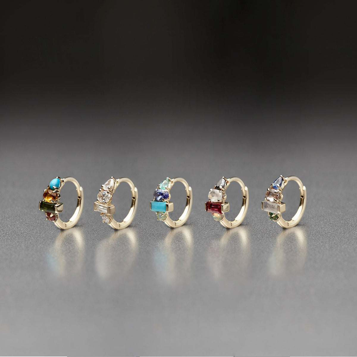 Multi Gemstone Claw Set Clicker 9K Gold Hoop w. Blue Sapphire, Morganite, Moonstone & Emerald