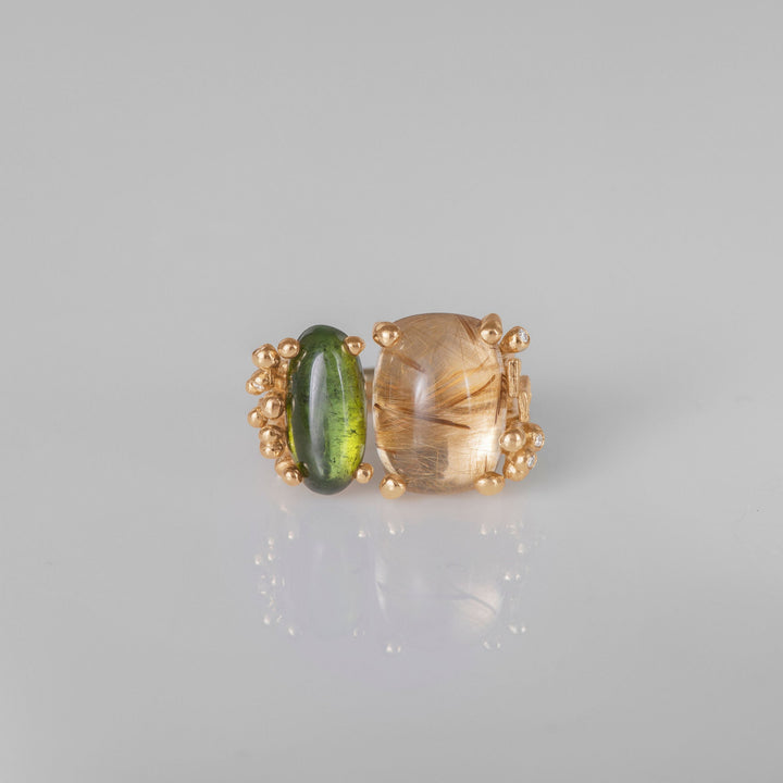 BoHo Double 18K Gold Ring w. Diamond, Turquoise & Rutile Quartz