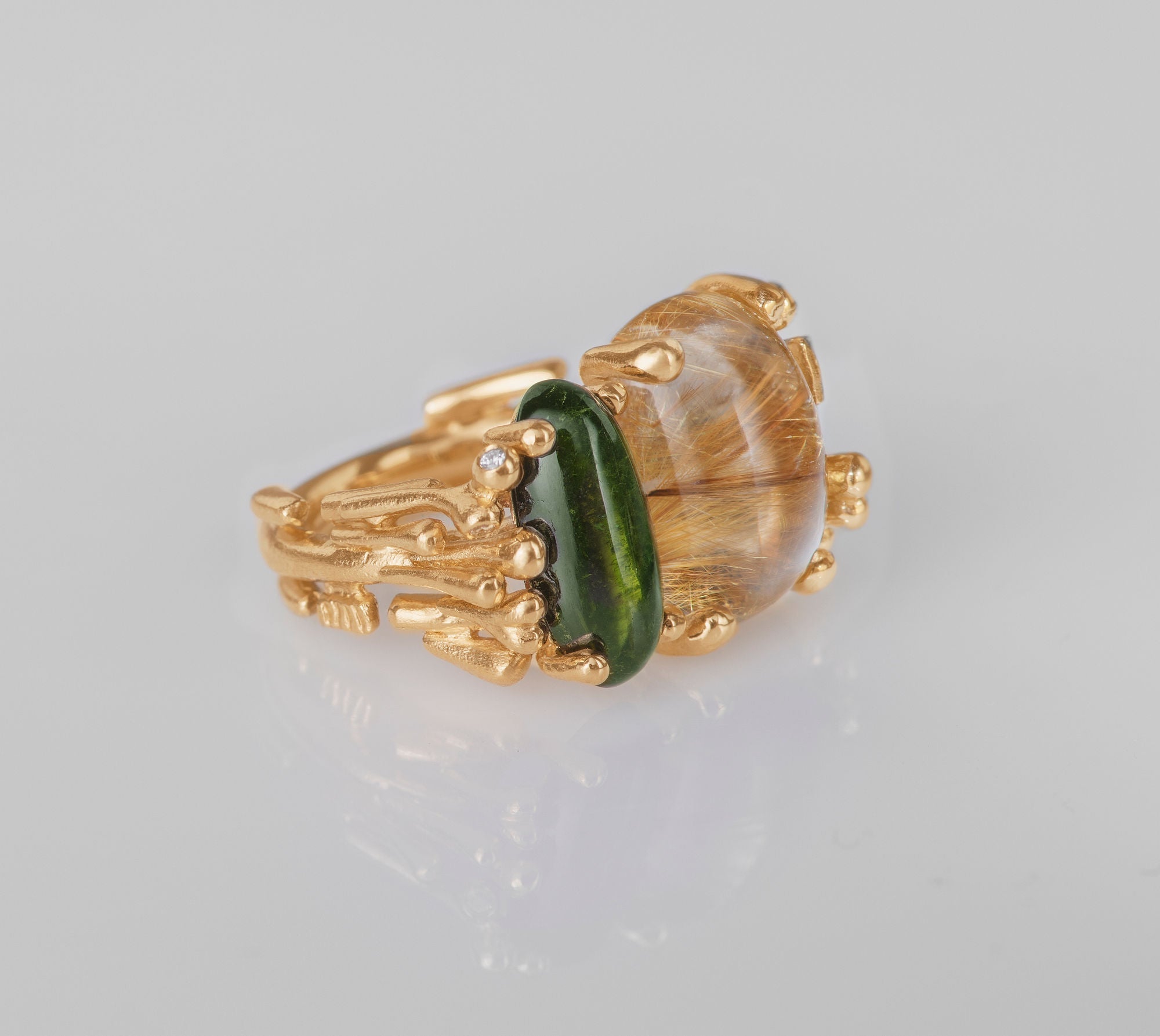 BoHo Double 18K Gold Ring w. Diamond, Turquoise & Rutile Quartz