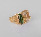 BoHo Double 18K Gold Ring w. Diamond, Turquoise & Rutile Quartz