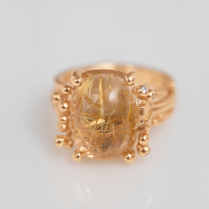 BoHo Medium 18K Gold Ring w. Diamonds & Rutile Quartz