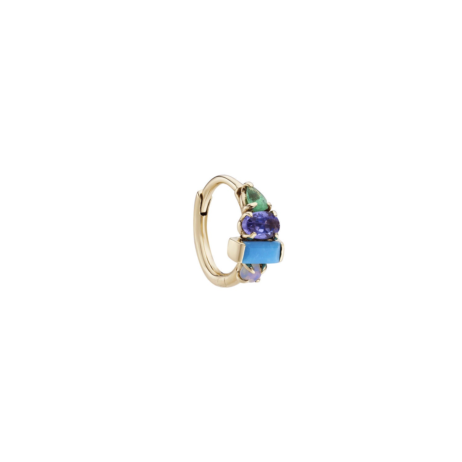 Multi Gemstone Claw Set Clicker 9K Gold Hoop w. Emerald, Tanzanite, Turquoise & Opal