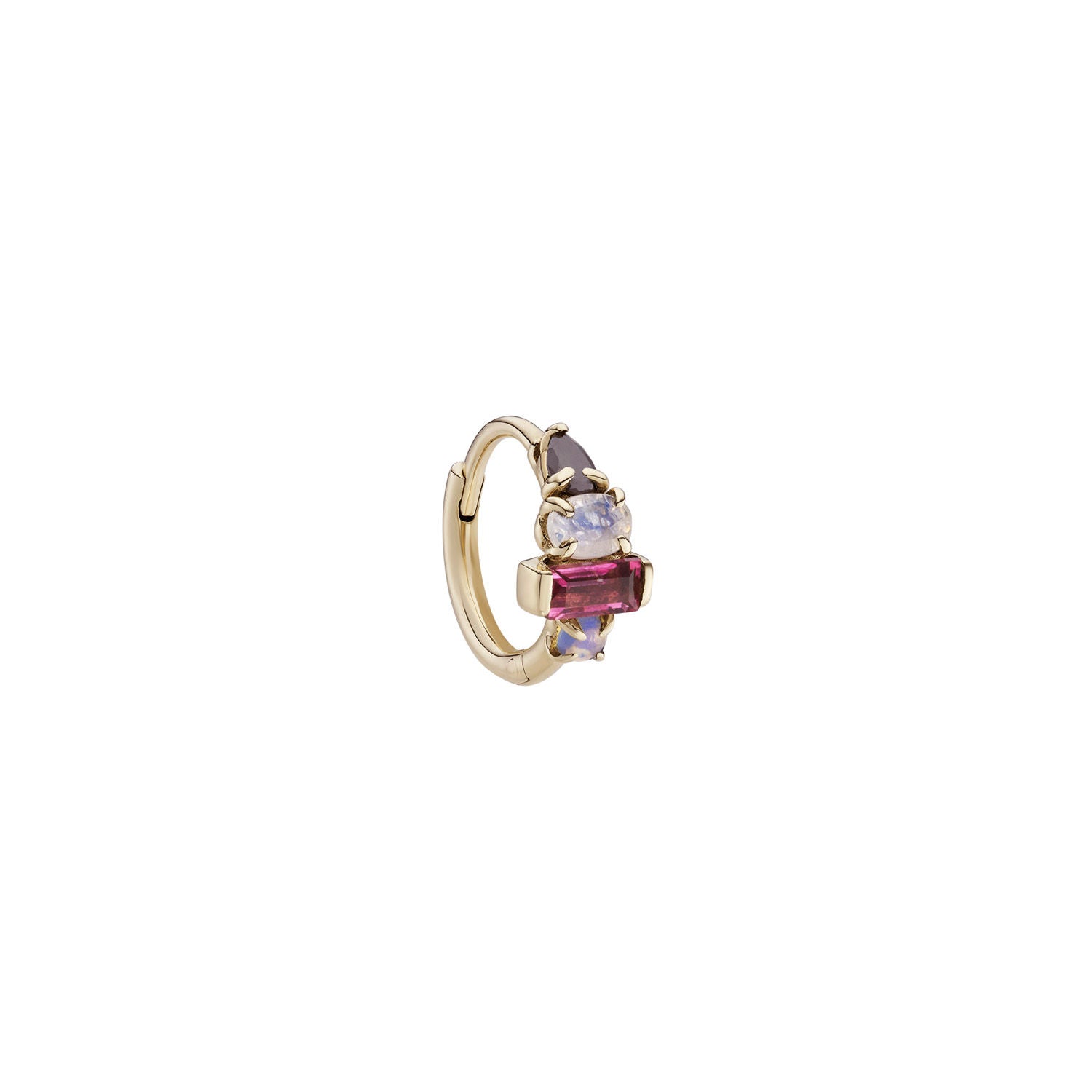 Multi Gemstone Claw Set Clicker 9K Gold Hoop w. Black Diamond, Moonstone, Pink Tourmaline & Opal