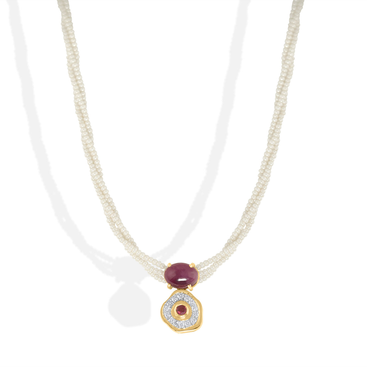Wüste Rose 18k Gold Halskette w. Rubine, Perlen und Diamanten