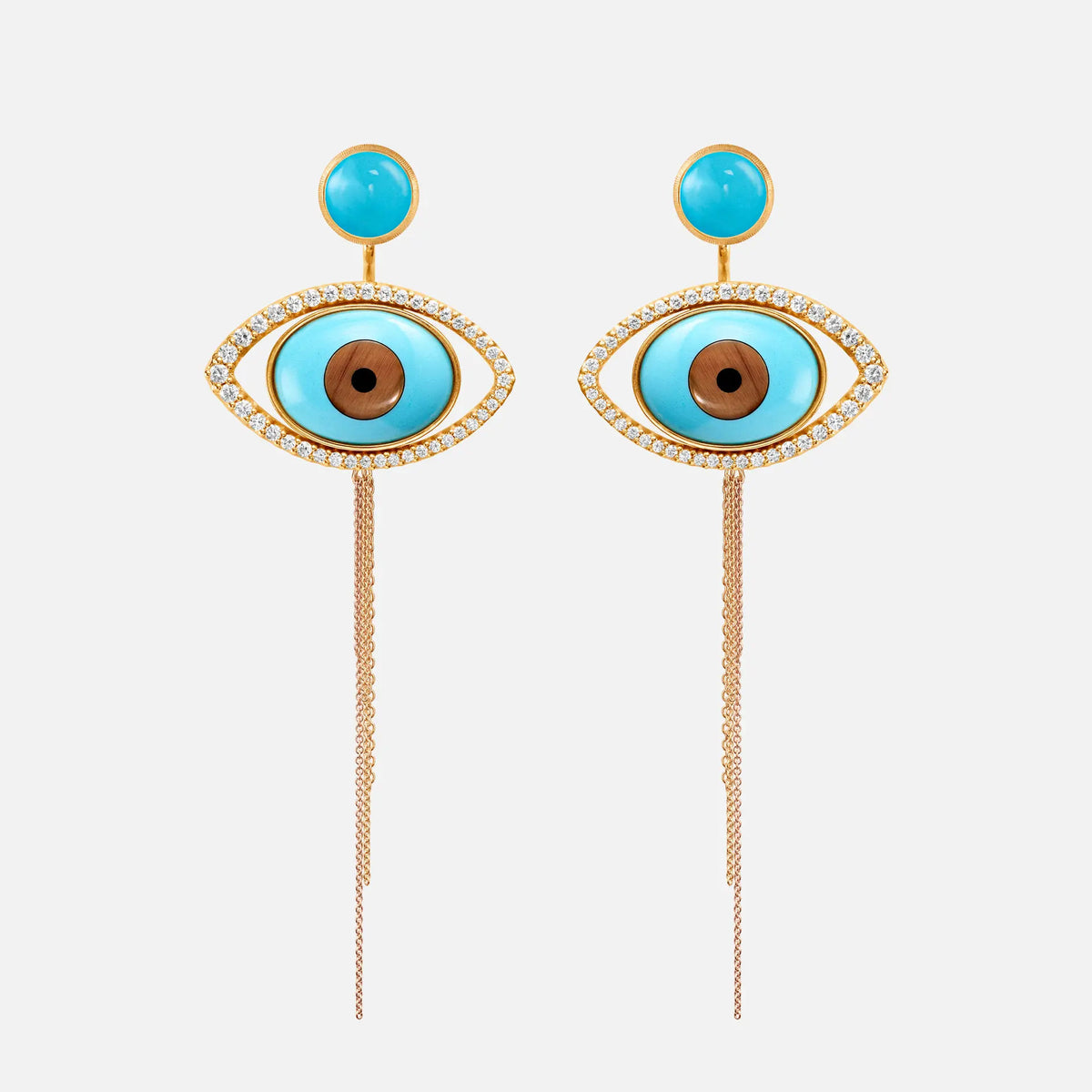 Evil Eye 18K Gold Earring Pendant w. Tiger's Eye, Onyx, Turquoise & Diamond