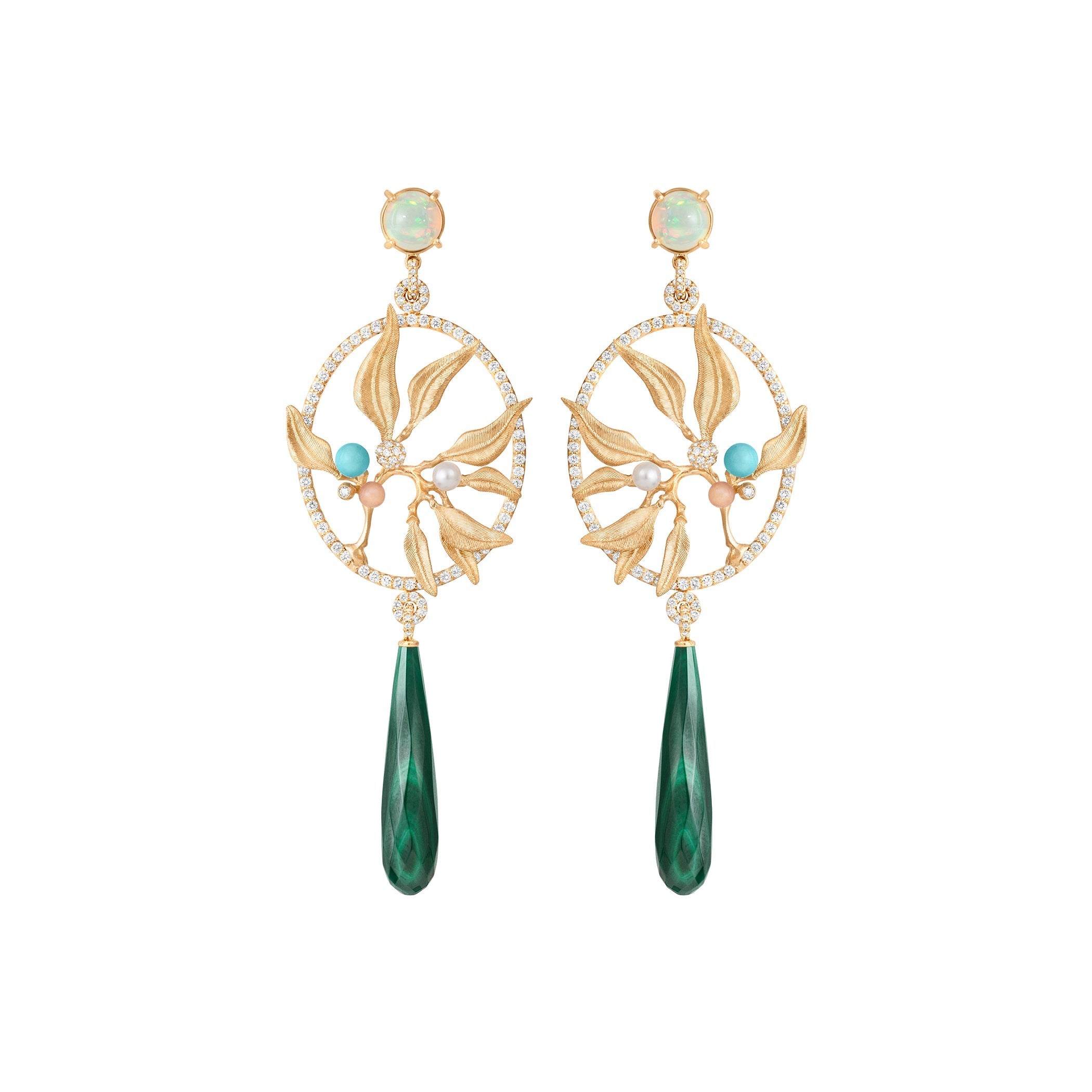Exclusive Dream Catcher 18K Gold Earrings w. Diamonds, Moonstone, Pearl, Opal, Turquoise & Malachite