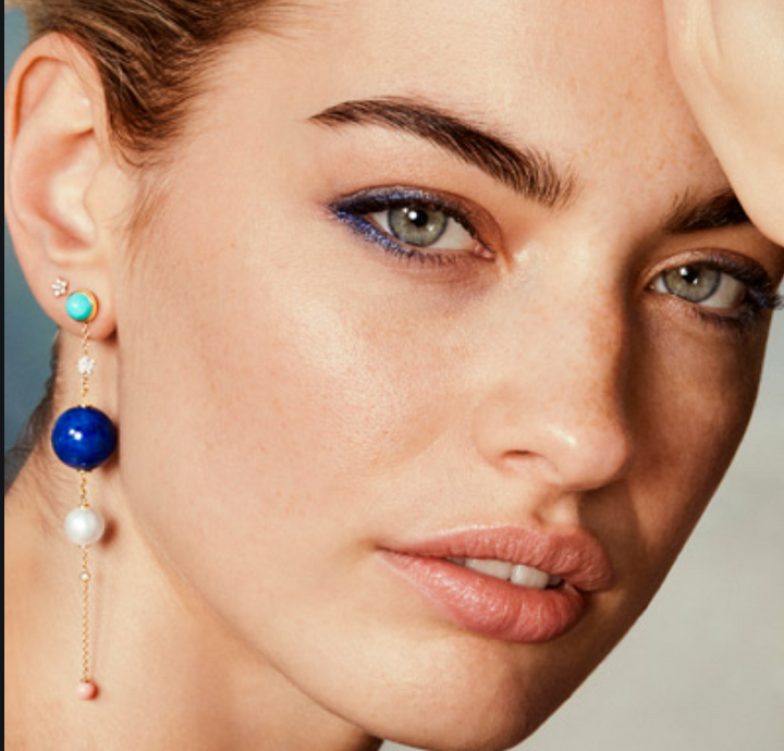 Special Edition 18K Gold Earring-pendant w. Diamond, Amber & Aquamarine