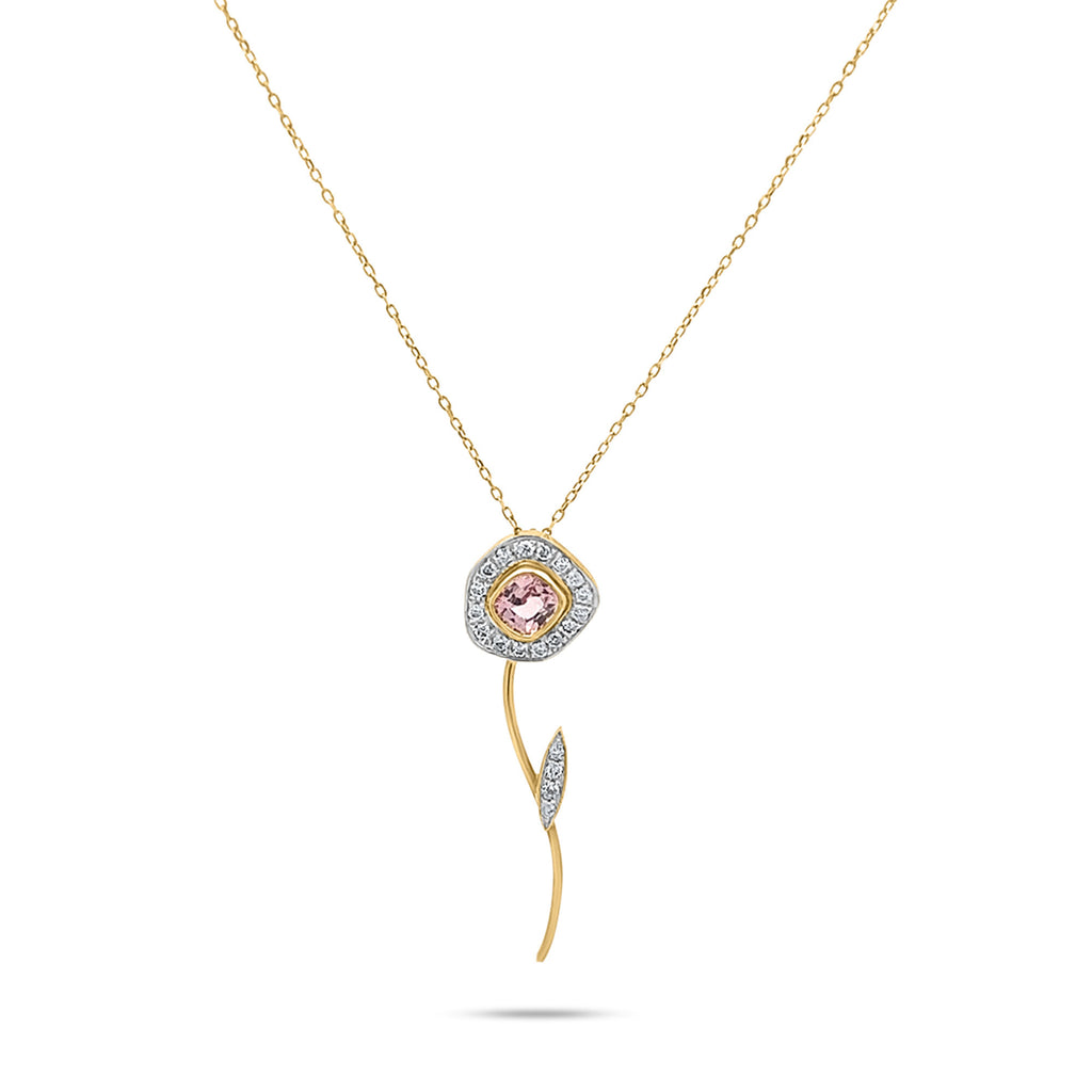 Desert Rose Flower 18K Gold Necklace w. Quartz & Diamonds