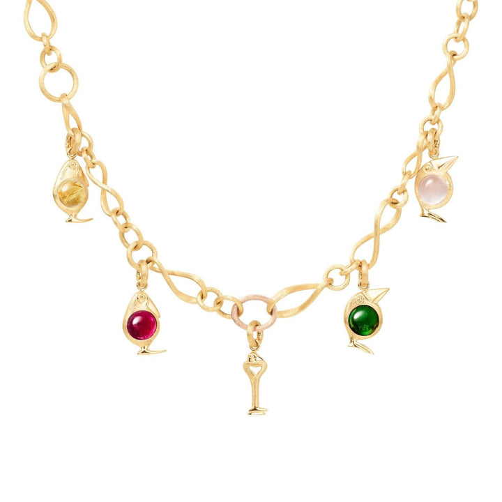Bird Family 18K Gold Charm w. Lock & Rutil Quarts