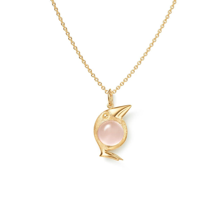 Bird Family 18K Gold Pendant w. Rose Quartz