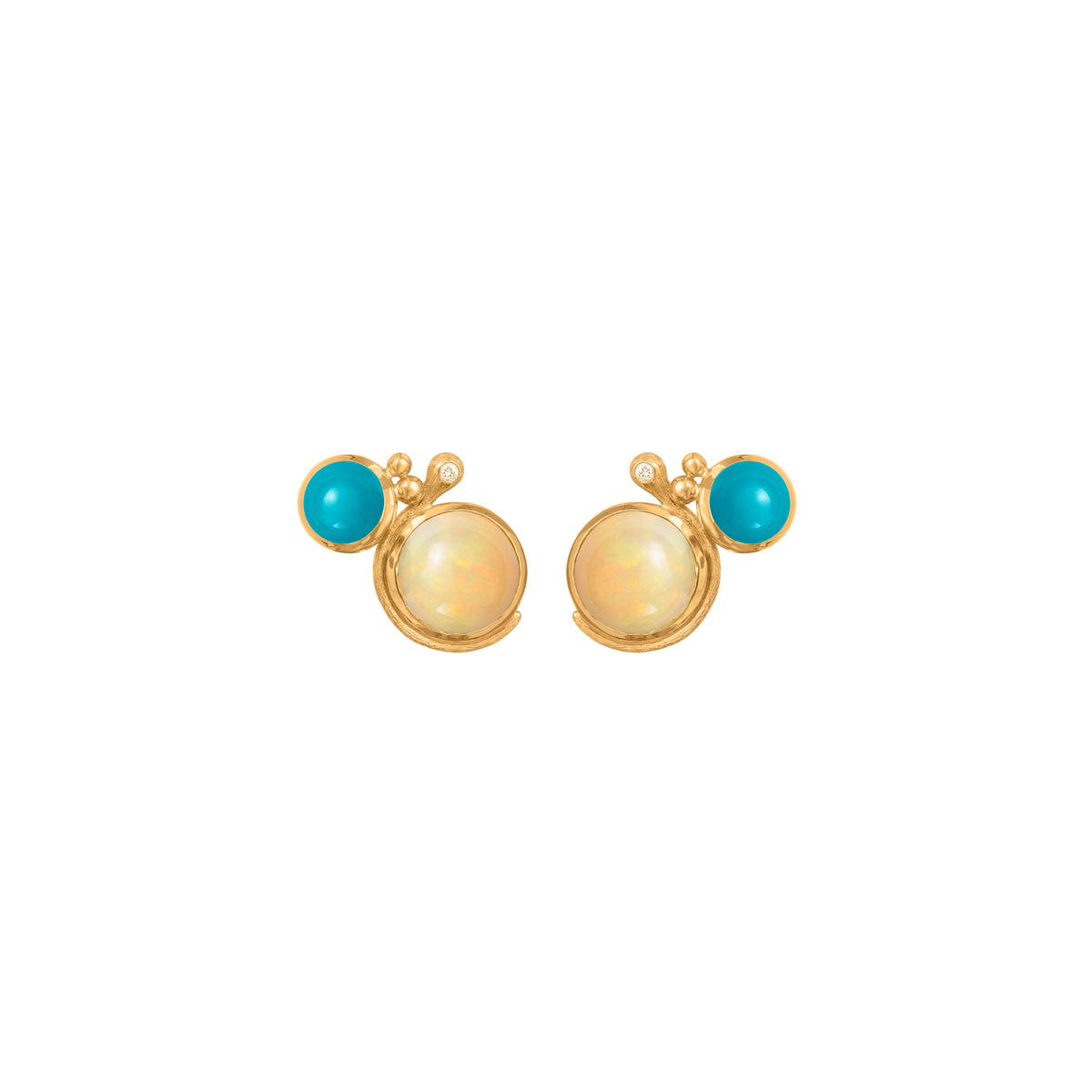Lotus 18K Gold Studs w. Turquoise, Opal & Diamond