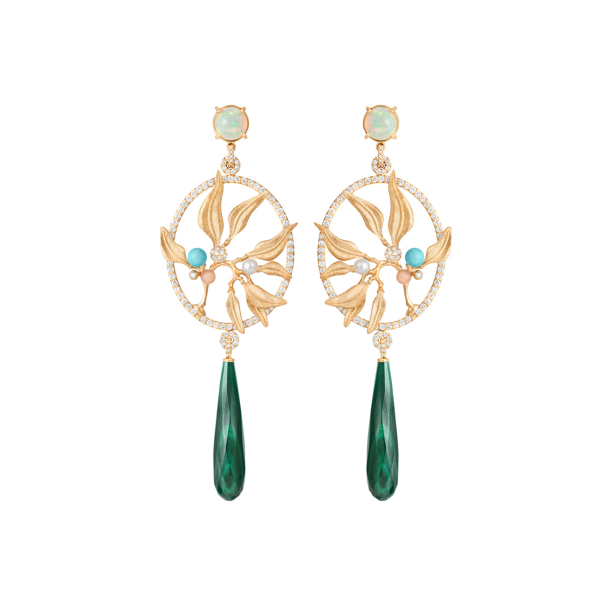 Exclusive Dream Catcher 18K Guld Øreringe m. Diamanter, Månesten, Perle, Opal, Turkis & Malakit