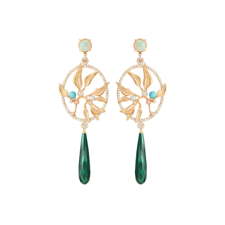 Exclusive Dream Catcher 18K Gold Earrings w. Diamonds, Moonstone, Pearl, Opal, Turquoise & Malachite