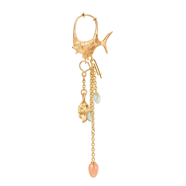 Young Fish 18K Gold Earring-Pendant w. Blush & Aquamarine Drops