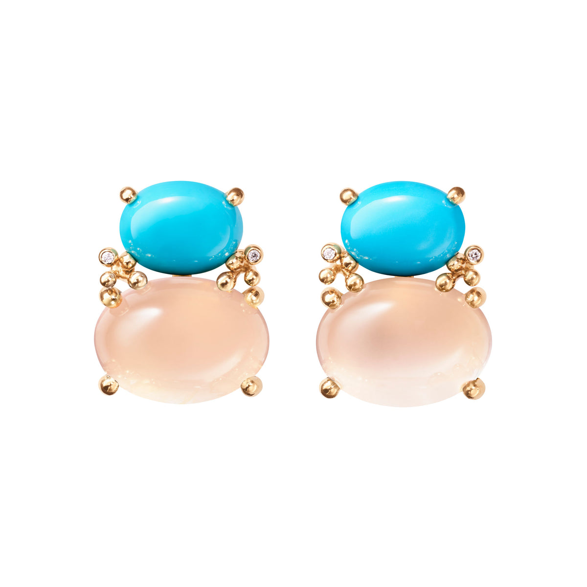 Boho 18k Gold Ohrringe w. Diamanten, Türkis & Quarz