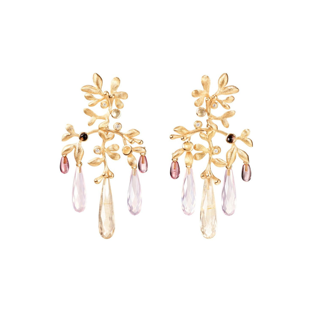 Gipsy Small Pink 18K Gold Earrings w. Quartz, Tourmaline & Diamond