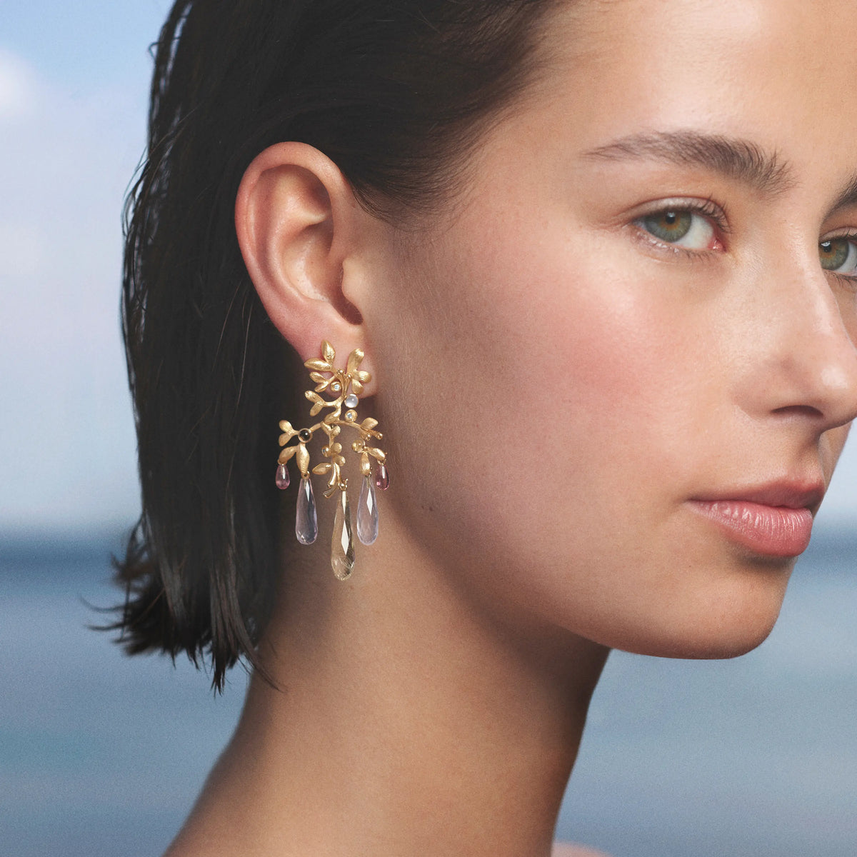 Gipsy Small Lyserød 18k Guld Øreringe m. Kvarts, Tourmalin & Diamant