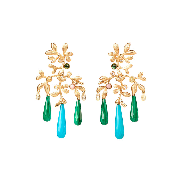 Gipsy Small 18K Gold Earrings w. Quartz, Malachite, Turquoise, Coral, Tourmaline & Diamond
