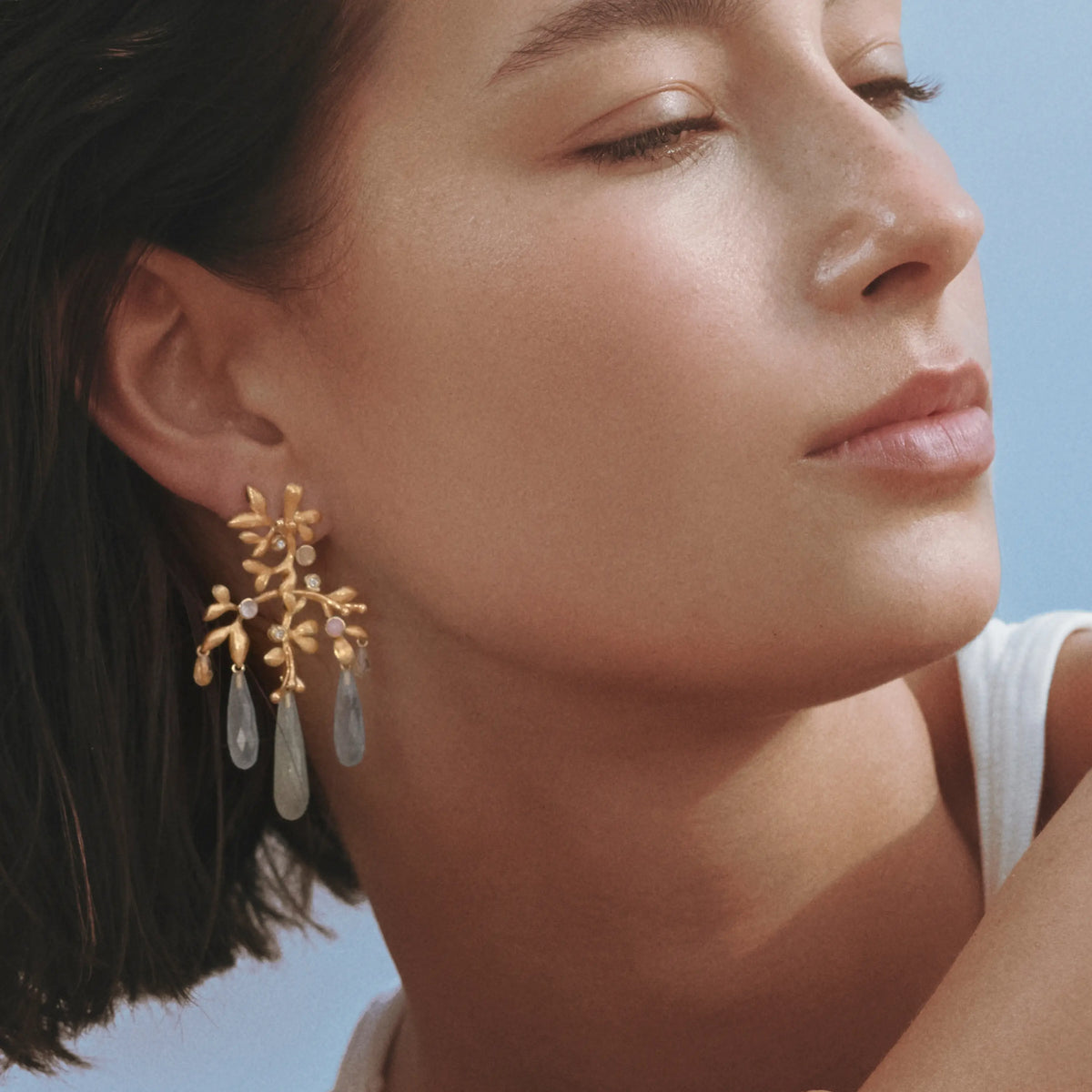 Gipsy Small 18K Gold Earrings w. Quartz, Opal, Aquamarines & Diamond