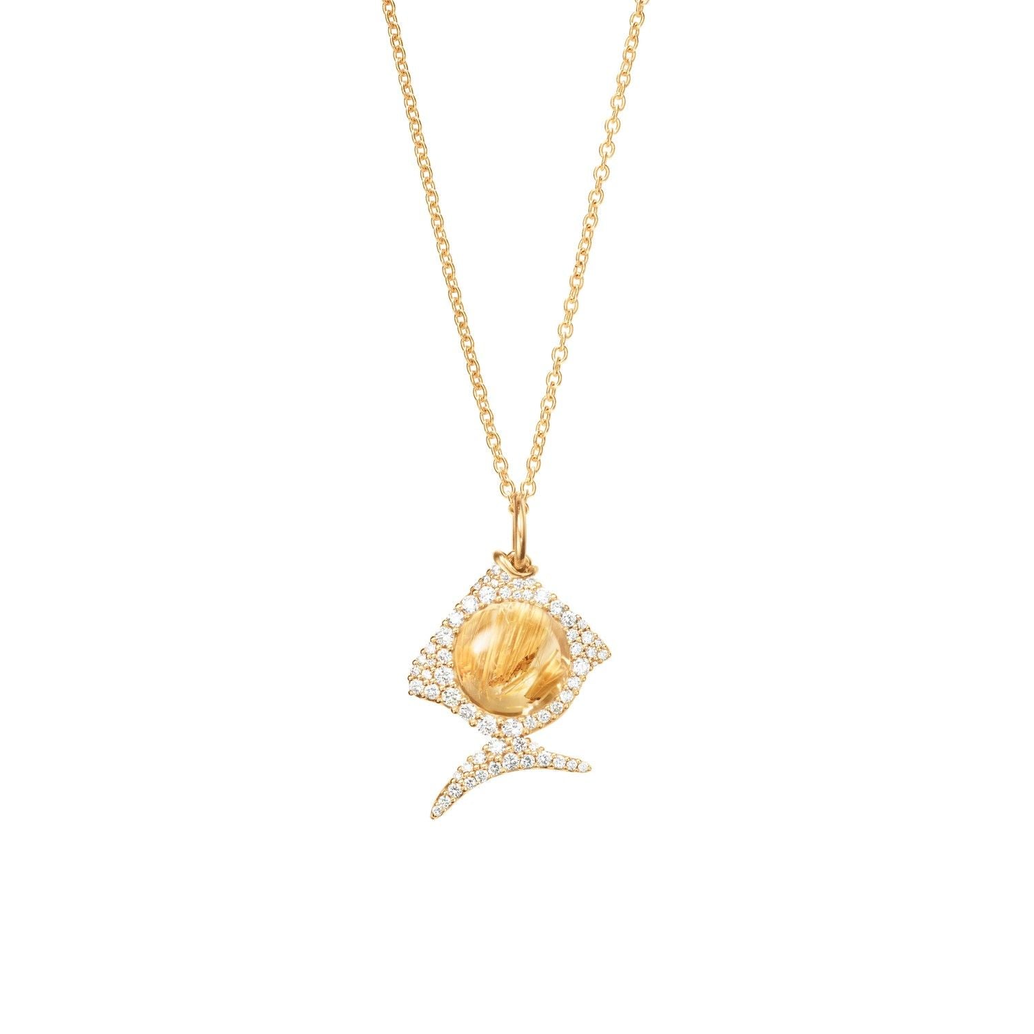 Young Fish 18K Gold Pendant w. Rutil Quartz & Diamonds