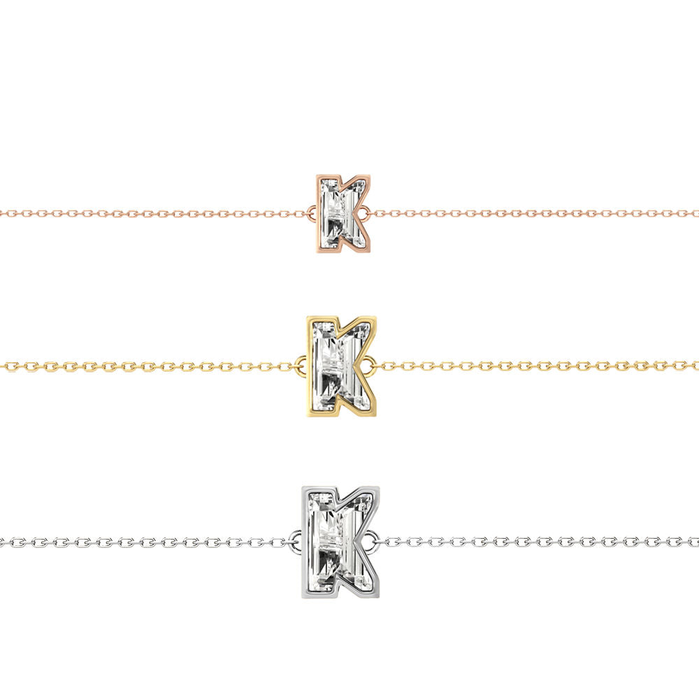 Alphabet Initial K 18K Gold, Rosegold or Whitegold Bracelet w. Solitaire Lab-Grown Diamond