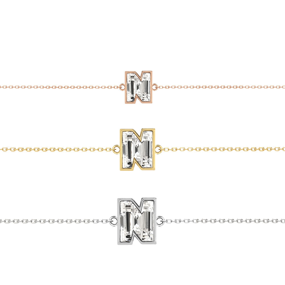 Alphabet Initial N 18K Gold, Rosegold or Whitegold Bracelet w. Solitaire Lab-Grown Diamond
