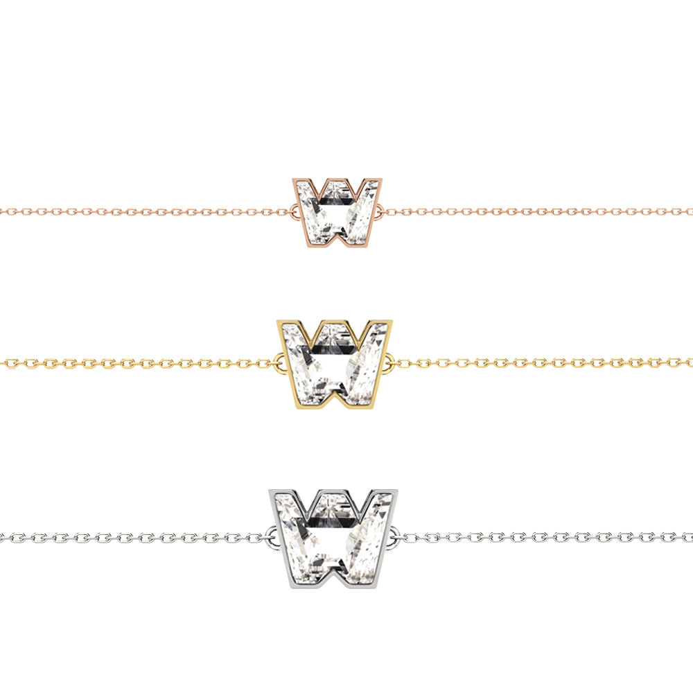 Alphabet Initial W 18K Gold, Rosegold or Whitegold Bracelet w. Solitaire Lab-Grown Diamond