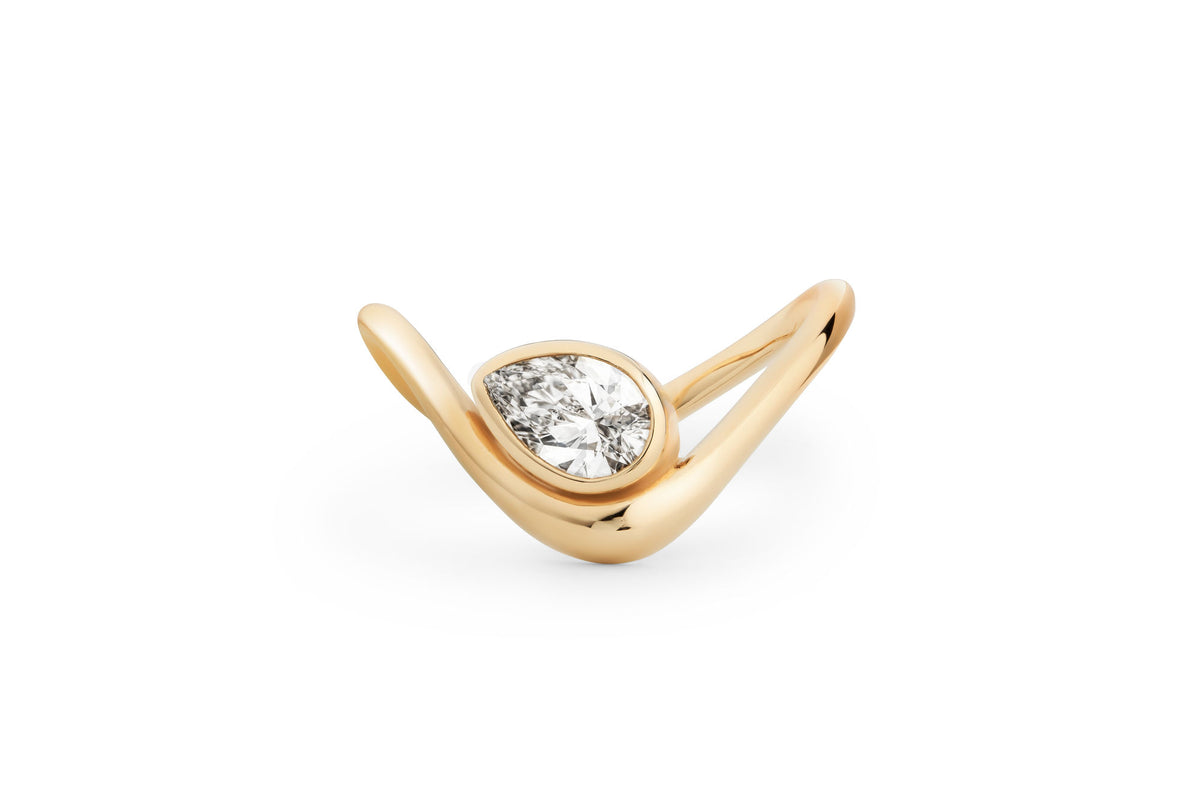 Wavy Pear Bezel 14k or 18k Gold Ring w. Lab-Grown Diamond
